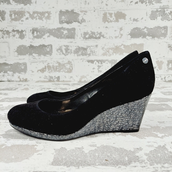 Calvin Klein Black Suede Slip On Evening/Office Silver Wedge Heels D121 - Picture 1 of 12